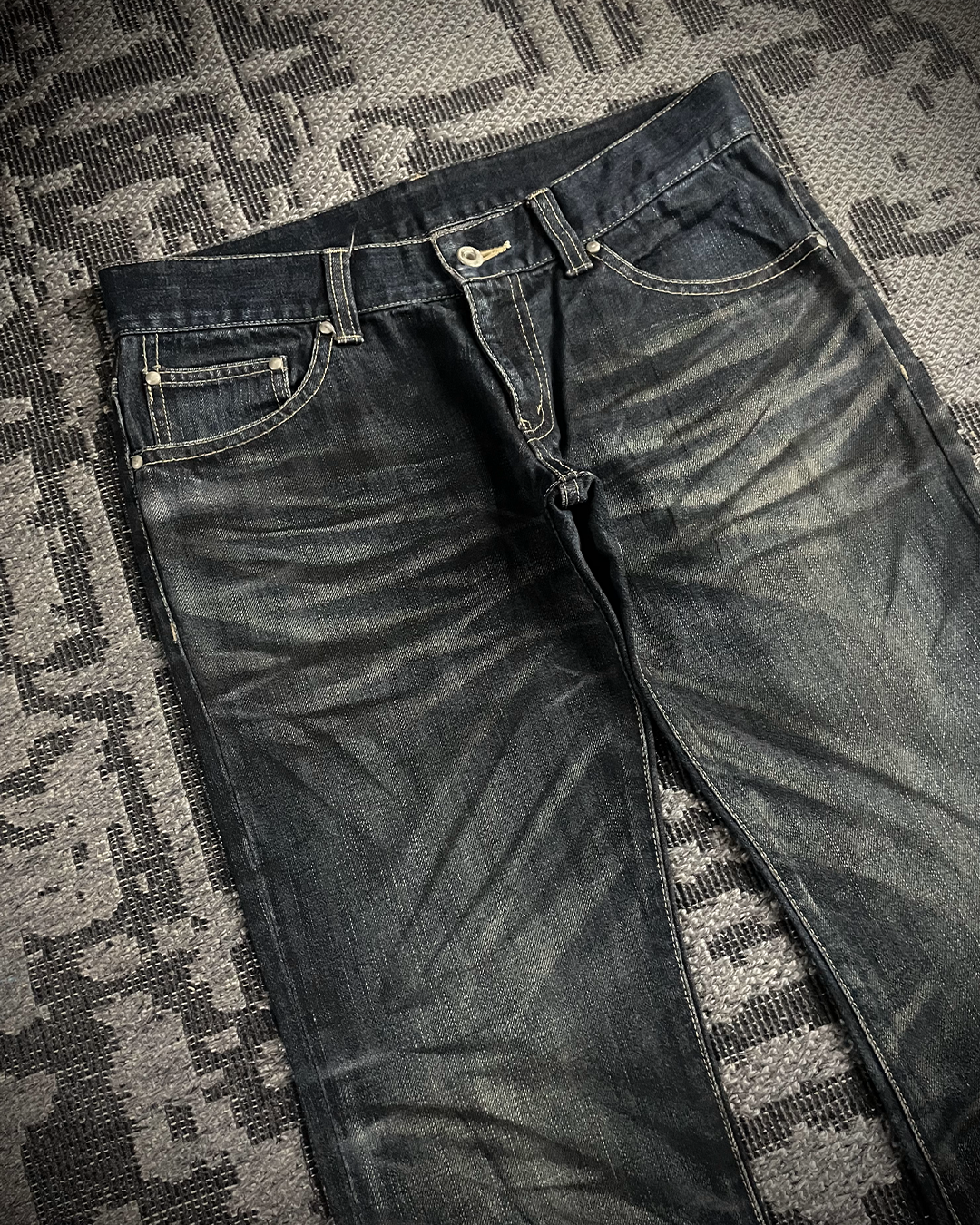 Tornado Mart Whiskered Blue black curve leg Boot Cut Jeans