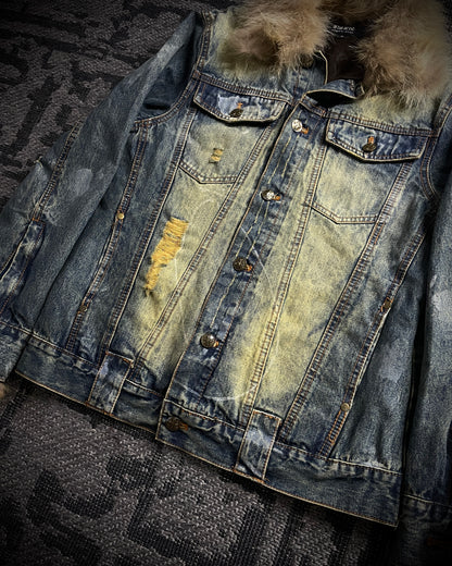 In The Attic Raccoon Fur Distressed Jeans Jacket