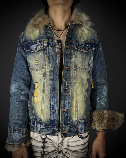 In The Attic Raccoon Fur Distressed Jeans Jacket