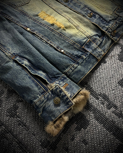 In The Attic Raccoon Fur Distressed Jeans Jacket