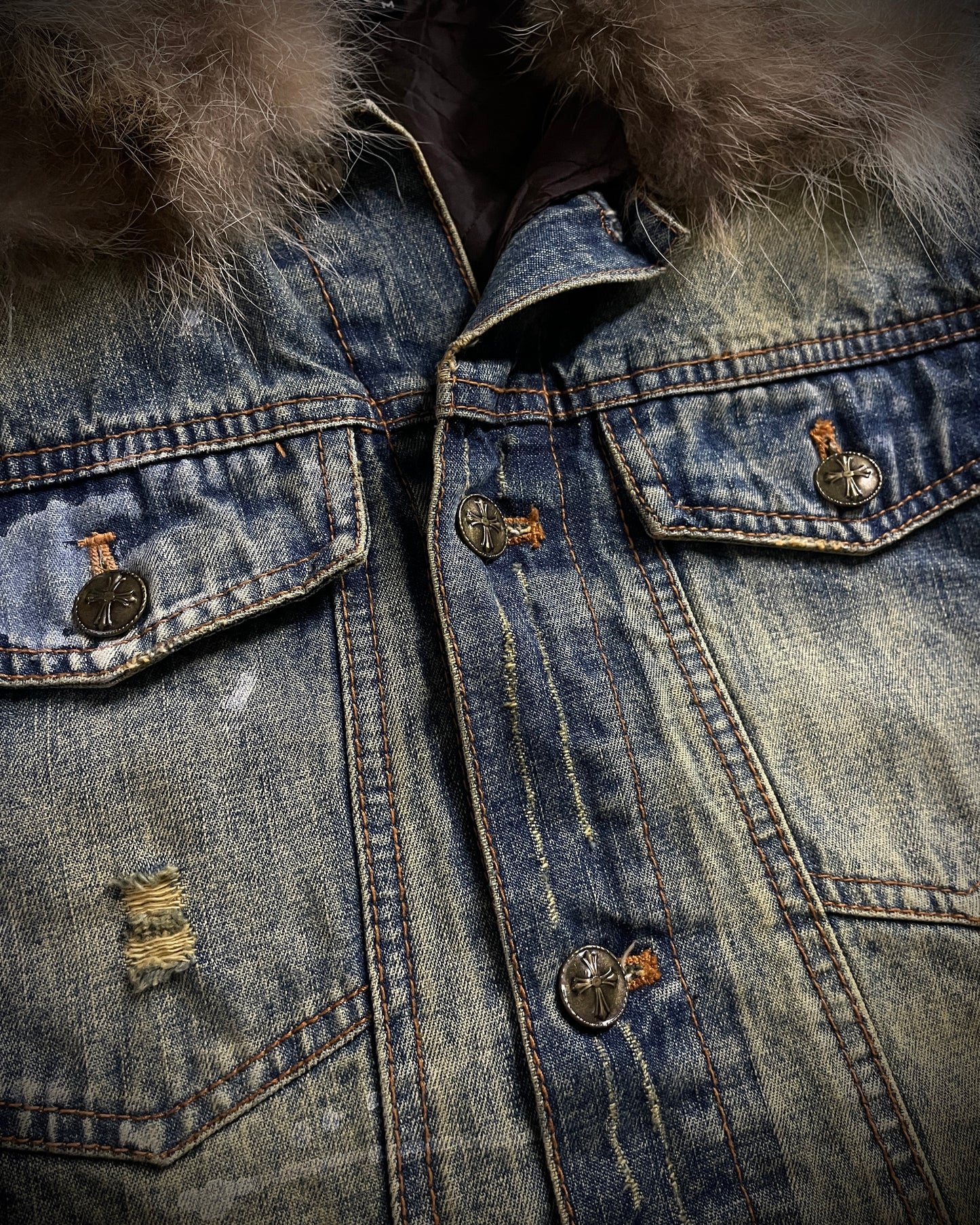 In The Attic Raccoon Fur Distressed Jeans Jacket