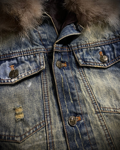 In The Attic Raccoon Fur Distressed Jeans Jacket