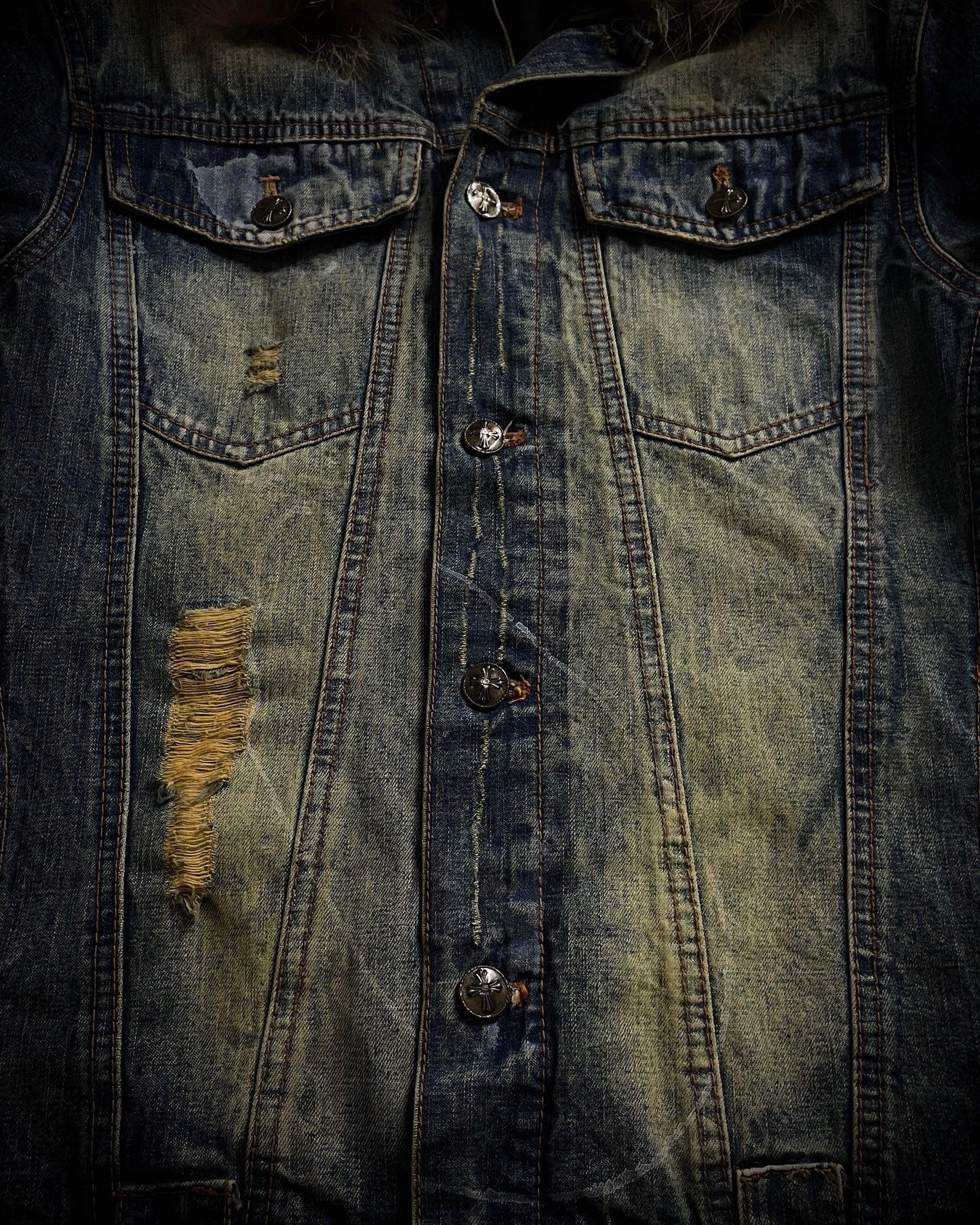 In The Attic Raccoon Fur Distressed Jeans Jacket