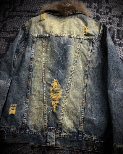 In The Attic Raccoon Fur Distressed Jeans Jacket