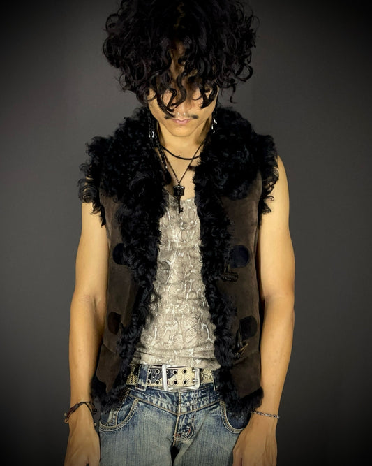 (For offer)Burberry Sample AW05 Brown Suede & Black Shearling Sleeveless Vest