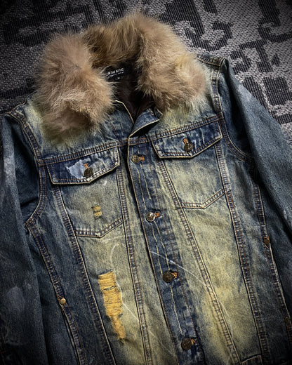 In The Attic Raccoon Fur Distressed Jeans Jacket