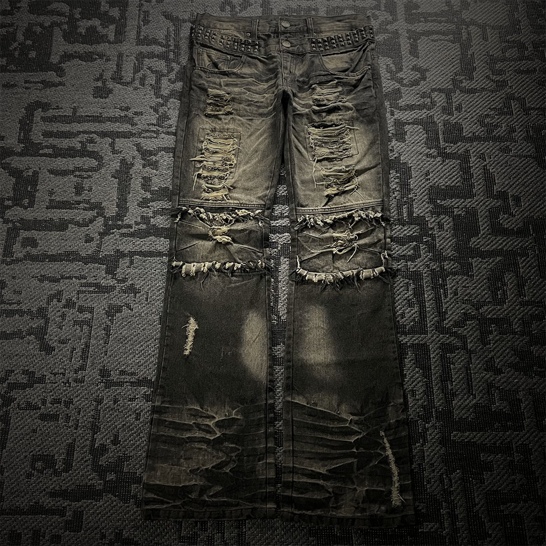 Black Baccara Double Waist Studded Distressed Denim