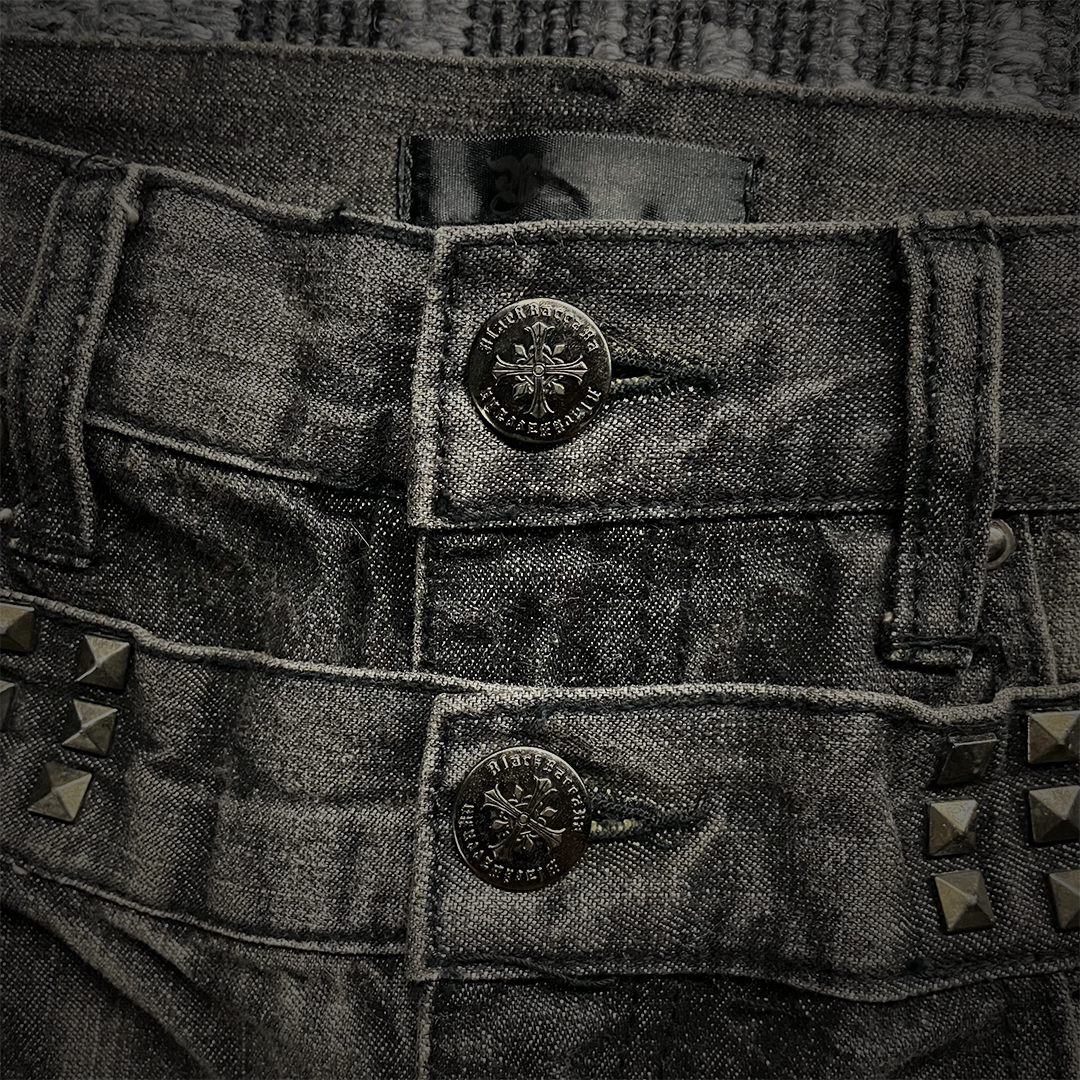 Black Baccara Double Waist Studded Distressed Denim