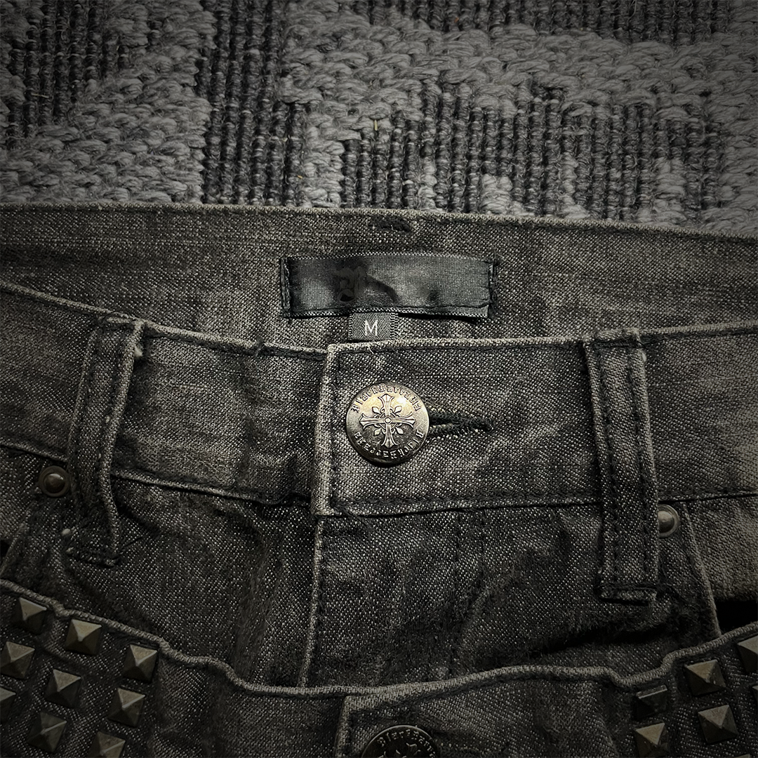 Black Baccara Double Waist Studded Distressed Denim