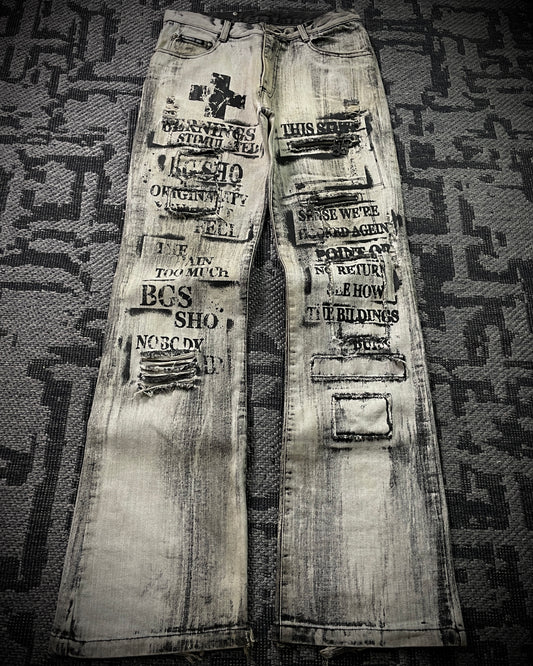 Bernnings Sho Acid Wash Patchwork Multi Zip Poem Flared Jeans