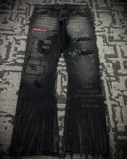 In The Attic Patchwork Studded Punk Bootcut Jeans