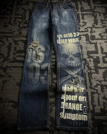 H.Naoto+Die Skull Poem Print Slim Straight Jeans