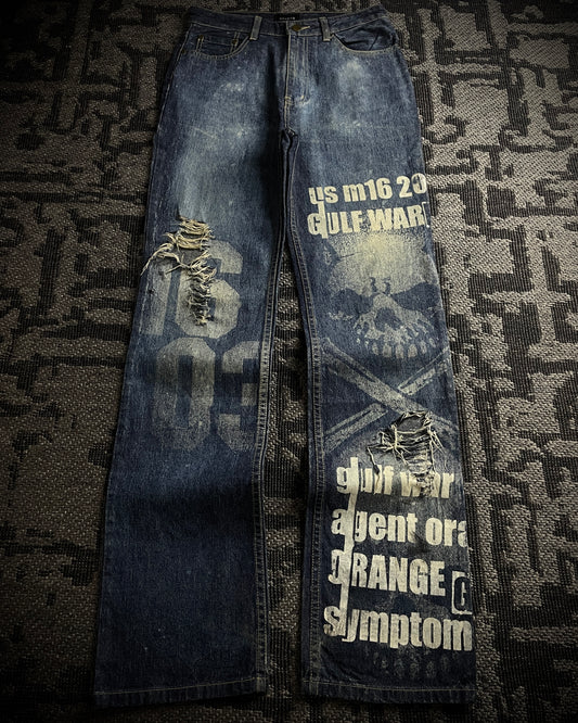 H.Naoto+Die Skull Poem Print Slim Straight Jeans
