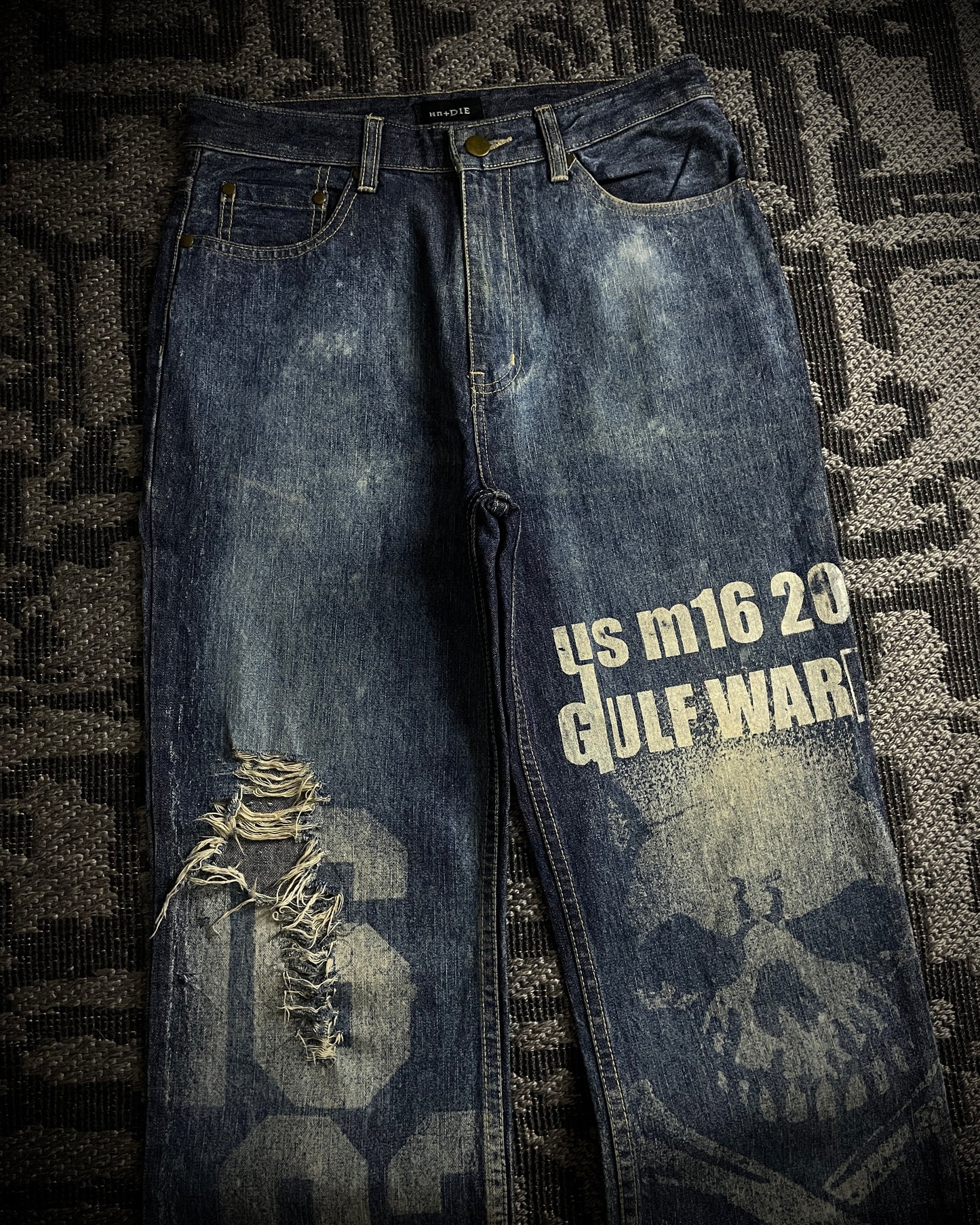 H.Naoto+Die Skull Poem Print Slim Straight Jeans