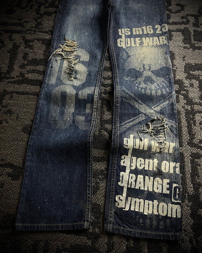 H.Naoto+Die Skull Poem Print Slim Straight Jeans