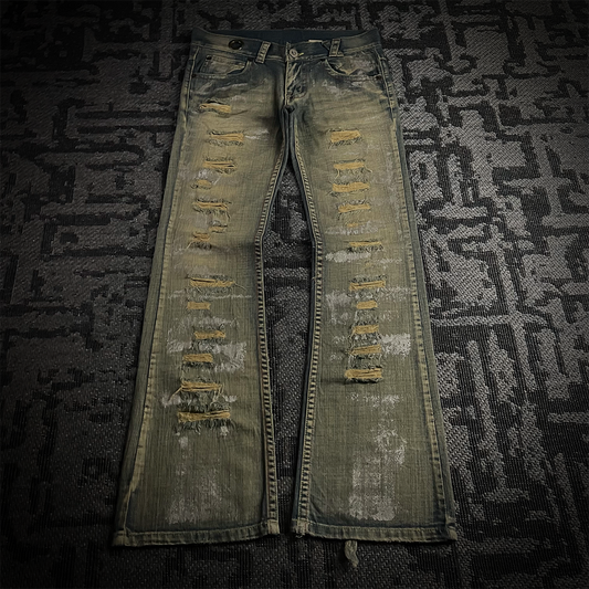 Agate Label Distressed Silver Paint Flared Jeans