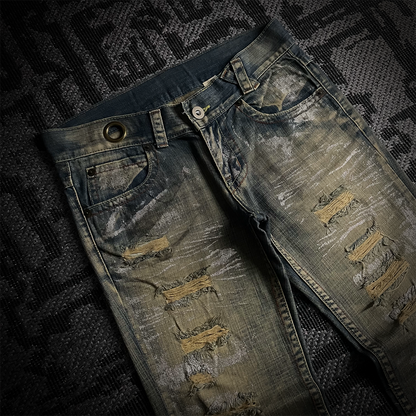 Agate Label Distressed Silver Paint Flared Jeans