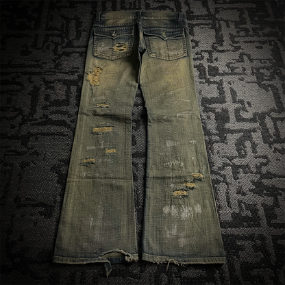 Agate Label Distressed Silver Paint Flared Jeans